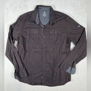 Kuhl Men's Medium Casual Button Down Shirt Dark Brown Micro Herringbone
